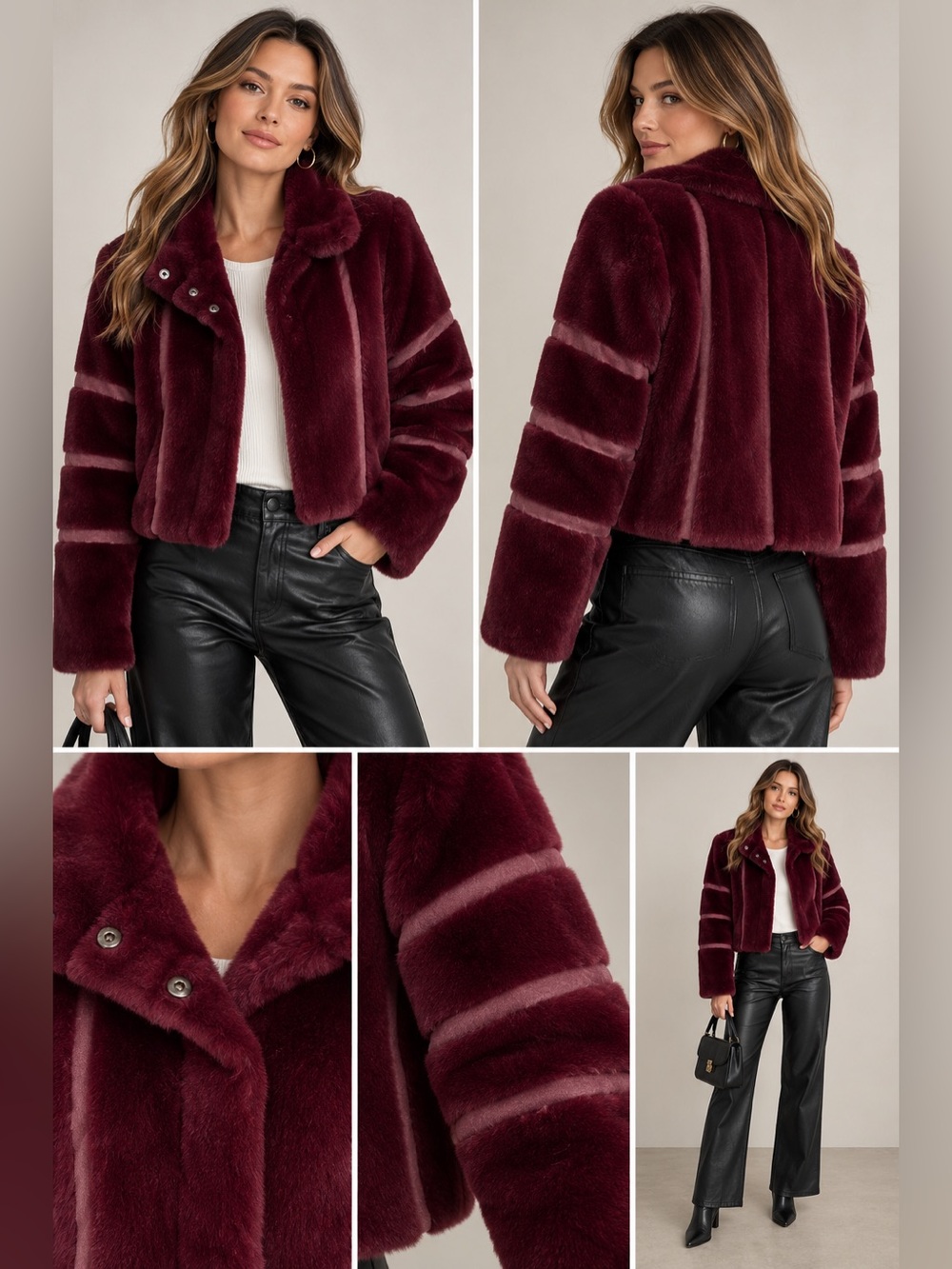 Colleen Lopez Faux Fur Cropped Jacket Burgundy Wine XS NWT HSN